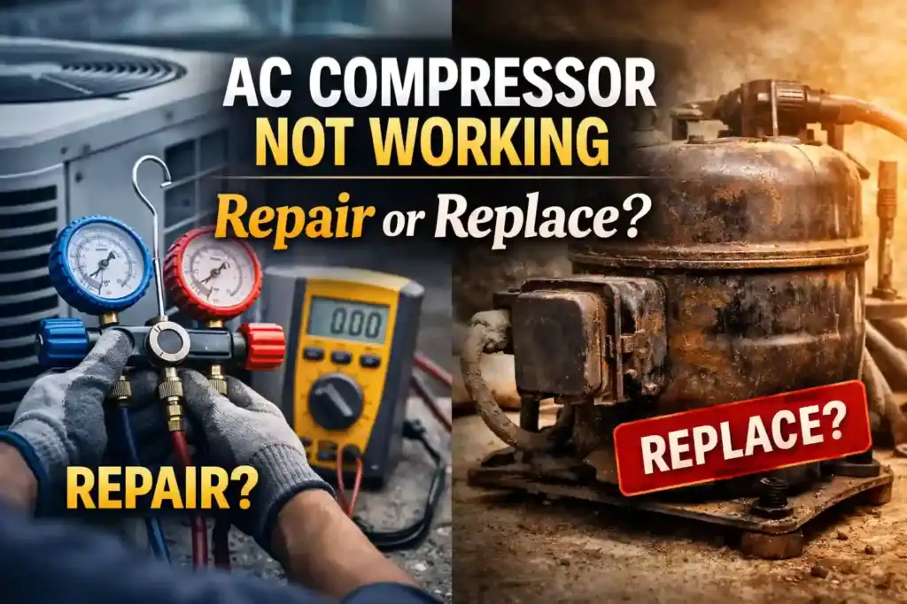 Technician testing an AC compressor with gauges and multimeter to diagnose issues for repair or replacement.