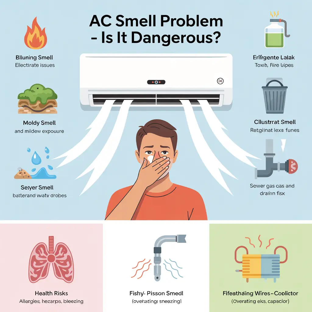 Modern air conditioner smell problem infographic showing burning, moldy, chemical, sewage, rotten and fishy odors with health risks, safety warnings and professional repair guidance
